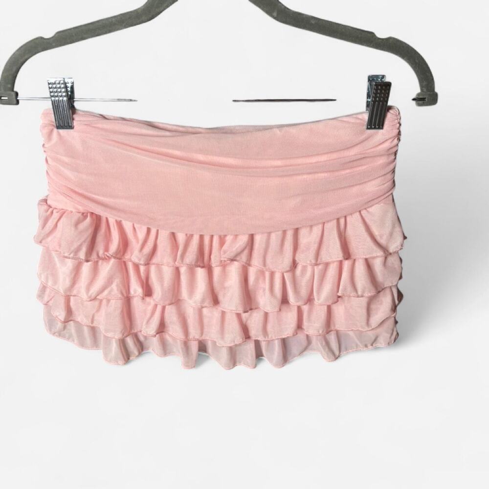 Pink Mesh Ruffled Mini Skort Ruched Drop Waist Tiered Balletcore Coquette S
